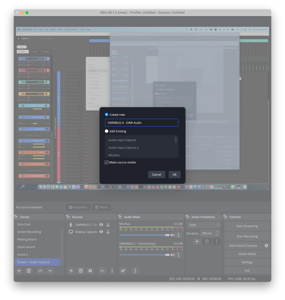 In OBS, set up an audio input capture and assign it to one of the OMNIBUS drivers, here we’ve got it set to OMNIBUS A channels 1&2 as we’re only sending our stereo masters output to OBS. 