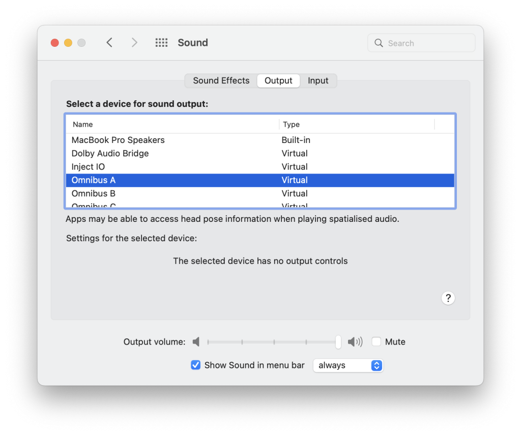 Now, let’s select OMNIBUS A as your Mac’s audio Device. By selecting a separate OMNIBUS device to your DAW’s playback engine as your Mac’s audio engine, you can route between the two with ease. From here, you can start working on your routing configuration in the OMNIBUS app. 