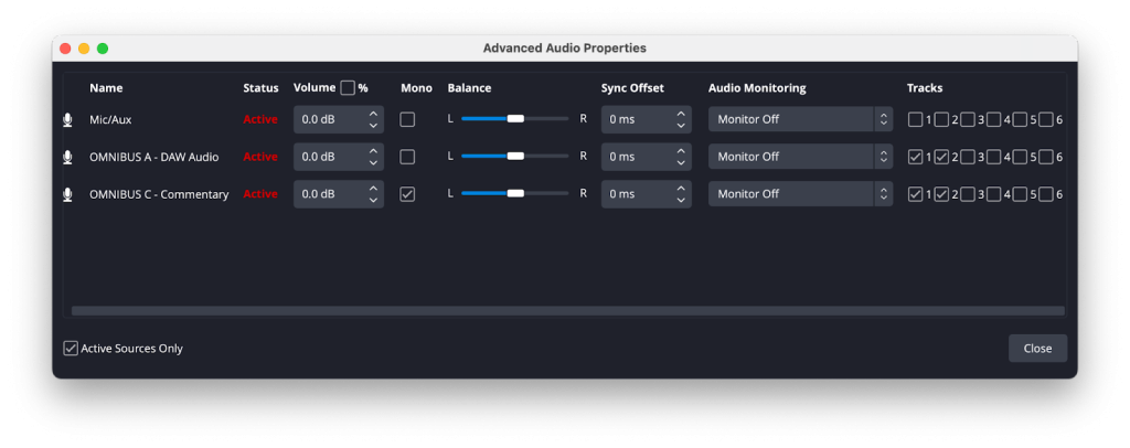 Let’s repeat the same steps as before in OBS and set up an audio capture device but this time, let’s use OMNIBUS C.  If you have a USB audio microphone such as a Snowball mic, you could select this right here. However, for this example I have a microphone plugged into my audio interface that I wish to use as my commentary microphone. All I need to do is route channel 1 from my audio interface into OMNIBUS C channel 1.   As this is a mono channel, however, you will notice on the input level for our mic in OBS that it is only capturing audio from the left channel. We’ve selected a mono signal and OBS is thinking it’s a stereo input. To amend this, simply navigate to advanced audio properties in your audio capture device for your microphone OBS and navigate to the mic input capture you created and change it from stereo to mono. 