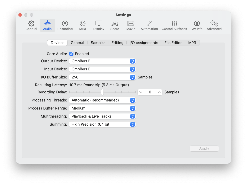 Select your chosen OMNIBUS device as your DAW’s playback engine. For this demonstration, it’s OMNIBUS B.