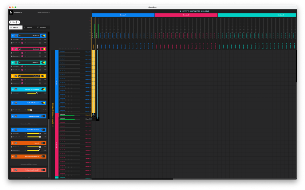 Now let’s move to OMNIBUS and get started on our routing configuration. As we have our DAW’s playback set to OMNIBUS B, we’ll simply need to route OMNIBUS B’s channels 1 and 2 to OMNIBUS A’s channels 1 and 2. Once completed your DAW’s audio will be travelling directly into OBS