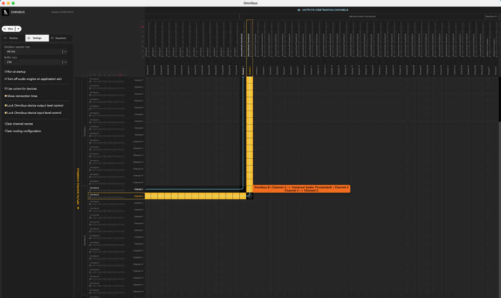 Before moving to OBS, you’ll first need to route your DAW’s audio to your designated monitor output so that you can hear your DAW. Simply drag channels 1 and 2 from OMNIBUS B to your chosen monitor output. In this case, a UAD Apollo interface.